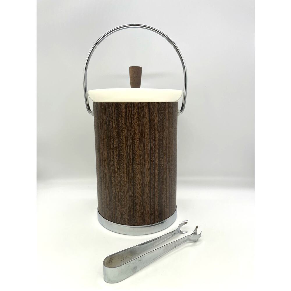 Kromex Vintage Mid Century Modern Wood Look Chrome Ice Bucket w/ Tongs